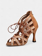 abordables Chaussures de danses latines-chaussures de danse latine en satin pour femmes avec lanières en cristal, bout ouvert et talon aiguille - parfaites pour la danse de salon et la performance