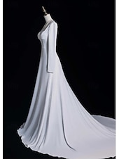 cheap Wedding Dresses-Wedding Dresses A-Line Notch lapel collar Long Sleeve Court Train Satin Bridal Gowns With Solid Color