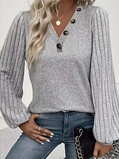 preiswerte Texturierte Oberteile-Damen Hemd Bluse Feste Farbe Basic Brautkleider schlicht Langarm V Ausschnitt Normale Oberteile Täglich Knopf Grau Herbst Winter