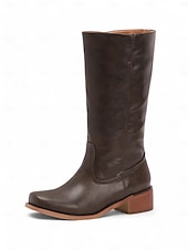levne Cowboy &amp; Western Boots-dámské hnědé westernové kovbojské boty z umělé kůže - výška do půl lýtek s naskládaným podpatkem pro ležérní outfity a outfity ve venkovském stylu