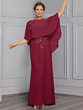abordables Longueur du plancher-gaine / colonne robe plage mariage mère de la mariée robe élégante col en V longueur au sol en mousseline extensible demi-manche avec dentelle fleur à plusieurs niveaux 2025