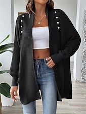 billiga Öppen front cardigan-Dam Tröja Kofta Ledigt Mjukt Ren färg Ribbad Öppen front Pärlor Stickat Långärmad Långa toppar Sticka Utomhus Dagligen Helgen Svart Blå Höst Vinter