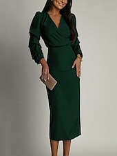 abordables robe noire midi-Robe en maille Robe d&#039;hiver Femme Robe mi-longue Couleur unie Robe chic Bureau Patchwork manche longue Col V Robe Standard Vert militaire Noir Automne Hiver S M L XL XXL