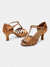 abordables Chaussures de danses latines-chaussures de danse latine pour femmes avec bride en T en strass et semelle en daim souple | talons chaton à bout ouvert en satin pour la salle de bal et la salsa