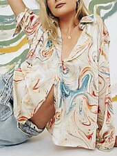 preiswerte Damen Urlaub Oberteile-Damen Hemd Bluse Graphic Farbblock Gestreift Basic Brautkleider schlicht Langarm Hemdkragen Normale Oberteile Täglich Knopf Bedruckt Orange Braun Beige Herbst Winter