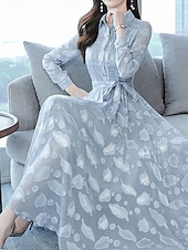 abordables Robe de cocktail-robe noire Femme Robe Maxi Graphic Mode Décontractées Mariage Soirée du quotidien Avec ceinture manche longue Col de Chemise Robe Standard Noir Bleu de minuit Gris Printemps Automne S M L
