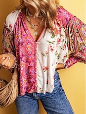 cheap Women&#039;s Graphic Tops-Women&#039;s Shirt Blouse Floral Casual Long Sleeve V Neck Regular Tops Daily Buttons Print Rainbow Fall Winter