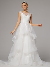 economico Abiti sposa di lusso-abiti da sposa matrimonio sulla spiaggia a-line illusion neck senza maniche lunghezza pavimento corte strascico pizzo abiti da sposa con applicazioni ricamate 2025