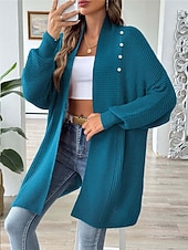 billiga Öppen front cardigan-Dam Tröja Kofta Ledigt Mjukt Ren färg Ribbad Öppen front Pärlor Stickat Långärmad Långa toppar Sticka Utomhus Dagligen Helgen Svart Blå Höst Vinter