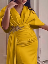 cheap YELLOW-Sheath Evening Gown Elegant Dress Formal Sweep / Brush Train Half Sleeve V Neck Satin with Pleats Ruched Crystals