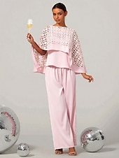 billige Kjoler til nyttårsaften-kvinners todelte cape topp utskjæringer høy midje brede ben bukser lys rosa elegant fest formell vår sommer antrekk s m l xl xxl