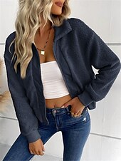 cheap Cardigans &amp; Outerwears-Women&#039;s Winter Coat Sherpa Jacket Outdoor Street Daily Wear Fall Winter Short Coat Regular Fit Thermal Warm Breathable Stylish Casual Jacket Long Sleeve Plain with Pockets Full Zip Dark Navy Army