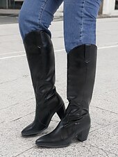 levne Cowboy &amp; Western Boots-černé westernové boty z umělé kůže po kolena se špičatou špičkou a blokovými podpatky – elegantní styl kovbojky pro ženy