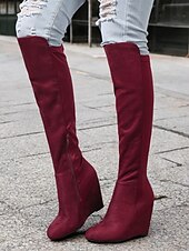cheap Fashion Boots-Women&#039;s Over-the-Knee Wedge Boots – Suede-Style Burgundy High Boots with Elegant Design, Perfect for Winter Outings and Casual Chic