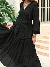 abordables robe longue noire-robe noire à volants en patchwork pour femme, robe longue, maxi, manches lanternes, élégante, décontractée, unie, col en V, manches longues, rendez-vous quotidien, été, printemps, noir