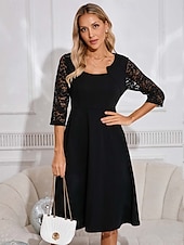 levne černé mini šaty-Dámské Černé šaty Midi šaty Krajka Elegantní Hranatý Dlouhý rukáv Černá Barva