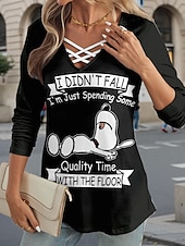 cheap Humor&amp;Quotes tee-Women&#039;s T Shirt Dog Letter Casual Long Sleeve V Neck Regular Tops Daily Cut Out Print Black and White Fall Winter
