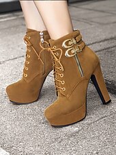 abordables Bottines-bottines en daim marron pour femmes - modèle à lacets avec boucle dorée et détails zippés, chaussures à talons hauts à plateforme pour des looks décontractés et de fête élégants