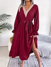 abordables Robe de cocktail-Robe casual Robe Évasée Robe Trapèze Femme Robe mi-longue Patchwork Avec ceinture Sport &amp; Loisir Plein Air Décontractées Col V manche longue Standard Noir Vin Vert S M L XL