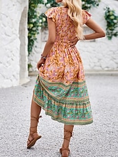 ieftine Rochii Boho-Pentru femei Rochii Midi Rochie casual Rochie leagăn Rochie A line Rochie Boho Casual Zilnic Fit regulat Floral Manșon scurt În V Negru Portocaliu Vară Primăvară