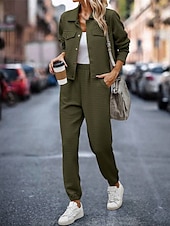 preiswerte Trainingsanzüge für Damen-Damen Modisch Strassenmode Täglich Hemd Chinesisch Chino Langarm Hemdkragen Glatt Casual Täglich Rosa Grün Khaki Herbst Regular Fit