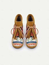 cheap Ankle Boots-Women&#039;s Boho Ankle Boots with Ethnic Print Panels, Tassel Lace-Up Design, and Comfortable Low Sole – Perfect for Casual and Festival Wear