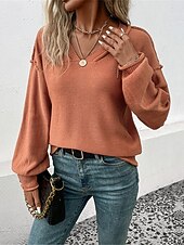 economico Colori solidi-Per donna Felpa Informale Morbido Colore puro A coste A V Lavorato a maglia Manica lunga Top regolari Maglia Esterno Giornaliero Fine settimana Rosso marrone Autunno Inverno