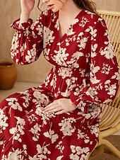 preiswerte Elegante Blumenkleider-Damen Maxidress Casual kleid Schaukelkleid A Linie Kleid Brautkleider schlicht Täglich Regular Fit Blumen Langarm V Ausschnitt Weiß Rote Sommer Frühling Herbst
