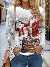 economico Magliette di Natale-tunica natalizia da donna manica 3/4 stampa albero di natale casual elasticizzata rosso bianco fiocco di neve girocollo abbigliamento invernale festivo