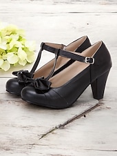 billiga 1950-talet-svarta t-bandklackar för kvinnor med rosettdetalj - vintageinspirerade chunky pumps för kontor, fester eller högtidliga tillfällen