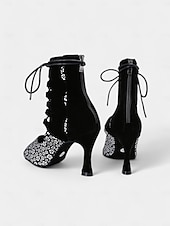 tanie Buty do tańców latynoskich-damskie sznurowane buty do tańca z odkrytymi palcami i wysokim obcasem – czerwony kwiatowy wzór z czarnym wycięciem do tańca latynoskiego i salsy