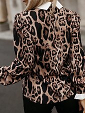 cheap Women&#039;s Work Tops-Women&#039;s Shirt Blouse Leopard Basic Casual Long Sleeve Shirt Collar Regular Tops Daily Print Brown Fall Winter