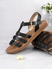 billiga Avslappnade sandaler-bekväma svarta gladiatorsandaler för kvinnor perfekta för strandsemester och fritidskläder