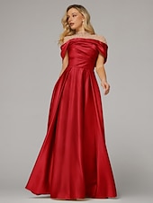 cheap CHAMPAGNE-A-Line Evening Gown Elegant Dress Formal Floor Length Short Sleeve Illusion Neck Satin with Ruched Beading