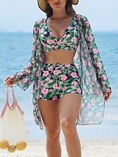 abordables Ensemble de bikinis-Femme Maillots de Bain Trois pièces Shorts Maillot de bain Patchwork Elégant Vacances Floral Graphic manche longue Maillots de bain