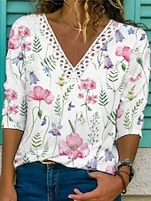 billige Kunst &amp; Design t-skjorte-Dame Skjorte Bluse Blomstret Fritid Langermet V-hals Vanlige topper Daglig Blonde Lapper Trykt mønster Rosa Blå Lyseblå Vår &amp; Vinter