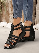 cheap Casual Sandals-Women&#039;s Gladiator Strappy Open Toe Sandals with Double Buckle, Low Wedge Heel Comfortable Summer Shoes for Casual, Vacation, and Daily Wear
