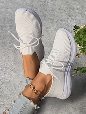 preiswerte Damen-Sneaker-weiße, leichte Strick-Schnürsneaker für Damen – atmungsaktive Sportschuhe zum Laufen, Gehen und für den Komfort im Alltag