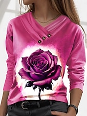 billige Blomster t-skjorte-Valentine Dame Rose T Skjorte Vanlige Topper Lang Erme V-hals Knapper Trykk Vanlig Passform Daglig Stilig Uformell Rosa Lilla Høst Vinter