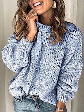 billiga Texturerade Huvtröjor &amp; Sweatshirts-Dam Tröja Ledigt Mjukt Ren färg Ribbad Rund hals Stickat Långärmad Vanliga toppar Sticka Utomhus Dagligen Helgen Blå Ljusgrå Höst Vinter