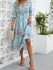 abordables Robes Bohémiennes-Femme Robe Maxi Robe casual Robes bohème chic Robe Trapèze robe boheme Bohême Le style mignon mode Vacances du quotidien Plage Ample Graphic Manches 3/4 Col V Rose Claire Bleu Abricot Printemps