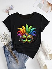tanie koszulka sztuka i design-Mardi gras Damskie Podkoszulek Graficzny Codzienny Krótki rękaw Okrągły dekolt Zwykłe topy Codzienny Nadruk Czarny Biały Szary Lato