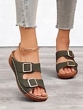 cheap Vacation Sandals-Women&#039;s Dark Blue Double Buckle Slip-On Sandals with Cushioned Sole, Casual Summer Shoes for Beach and Everyday Wear