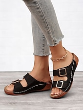 cheap Vacation Sandals-Women&#039;s Dark Blue Double Buckle Slip-On Sandals with Cushioned Sole, Casual Summer Shoes for Beach and Everyday Wear