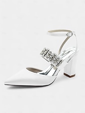 cheap Formal-Women&#039;s Black Satin Pointed Toe Heels – Rhinestone Embellished Ankle Strap Chunky Heels for Evening Parties and Weddings