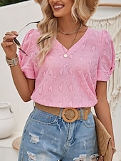 economico Top in Pizzo-Top Eleganti in Pizzo per Donna con Occhielli Maglietta di Colore Solido Regolare Maniche Corte Collo a V Regolare Fit Giornaliero Elegante Casual Romantico Petite Top Estivi da Vacanza Rosa Blu