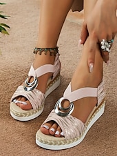 preiswerte Lässige Sandalen-Damen-Espadrille-Keilsandalen im Boho-Stil mit metallischem Ringdetail – Riemchen-Sommerschuhe für Freizeit und Strand