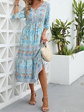 abordables Robes Bohémiennes-Femme Robe Maxi Robe casual Robes bohème chic Robe Trapèze robe boheme Bohême Le style mignon mode Vacances du quotidien Plage Ample Graphic Manches 3/4 Col V Rose Claire Bleu Abricot Printemps