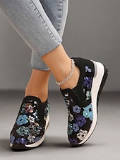 levne Dámské tenisky-dámské květinové flitrové slip-on tenisky - pohodlné třpytivé ležérní boty s klínovou podrážkou, ideální na procházky nebo párty