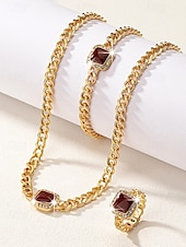 baratos Colar Feminino-conjunto de joias de corrente de ouro feminino com pedra preciosa quadrada vermelha – colar, pulseira e anel para casamentos, festas e ocasiões elegantes